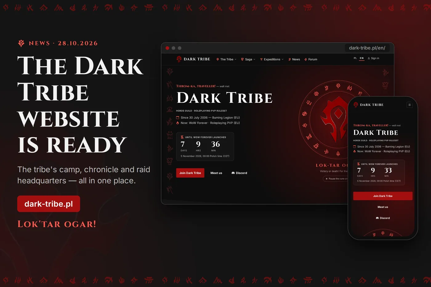 The new Dark Tribe website on a computer and a phone — the home page with a countdown to the WoW Forever launch.