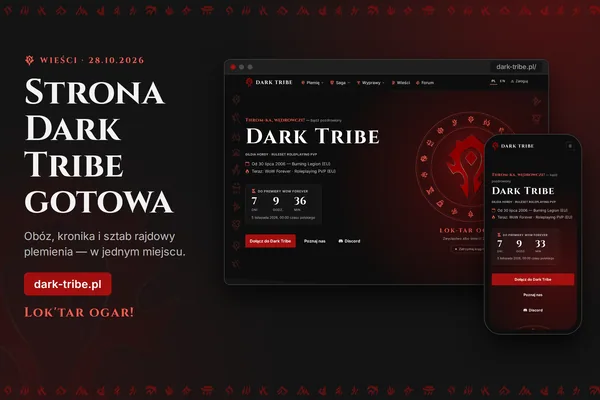Nowa strona Dark Tribe na komputerze i telefonie — strona główna z licznikiem do premiery WoW Forever.