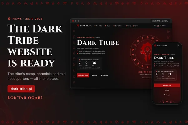 The new Dark Tribe website on a computer and a phone — the home page with a countdown to the WoW Forever launch.