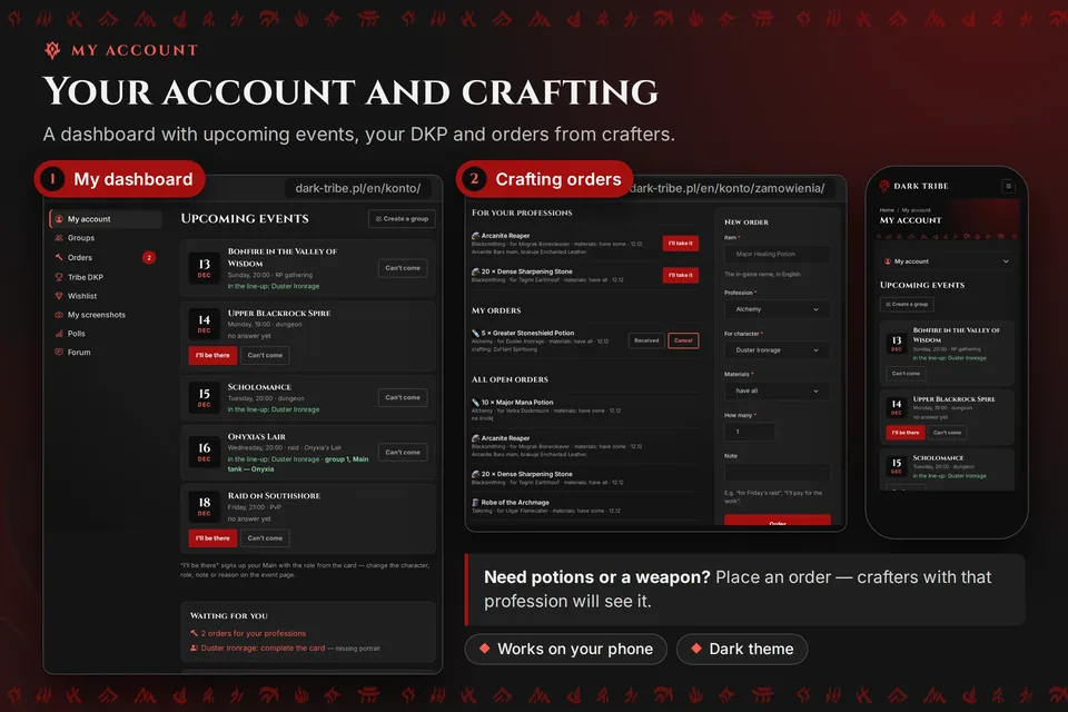 Infographic: the “My account” dashboard with upcoming events, crafting orders and the account on a phone.