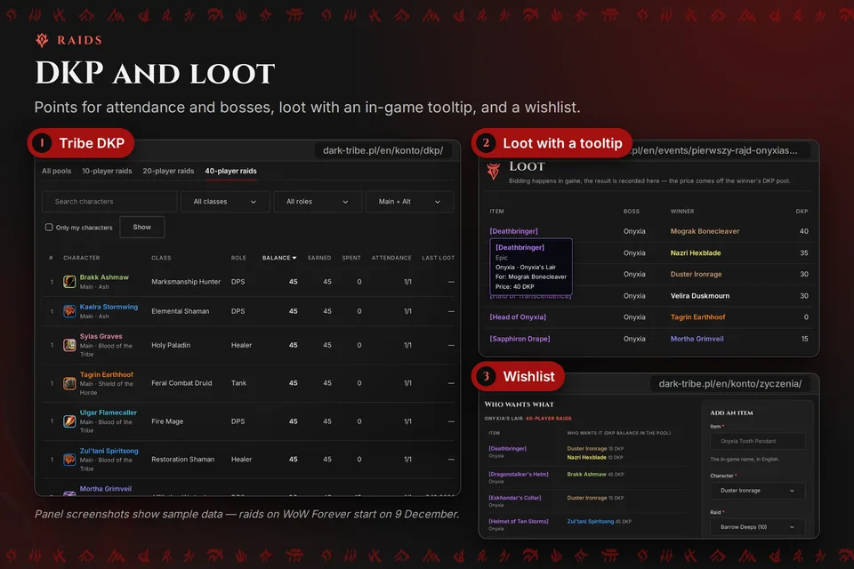 Infographic: the tribe DKP table, the loot table with an item tooltip and the wishlist with DKP balances.